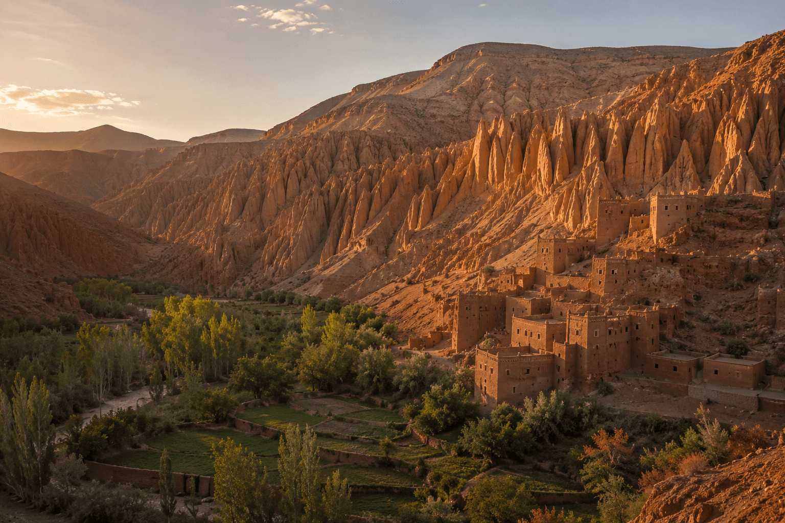 The Dades Valley in southern Morocco, eroded rock above a green valley floor